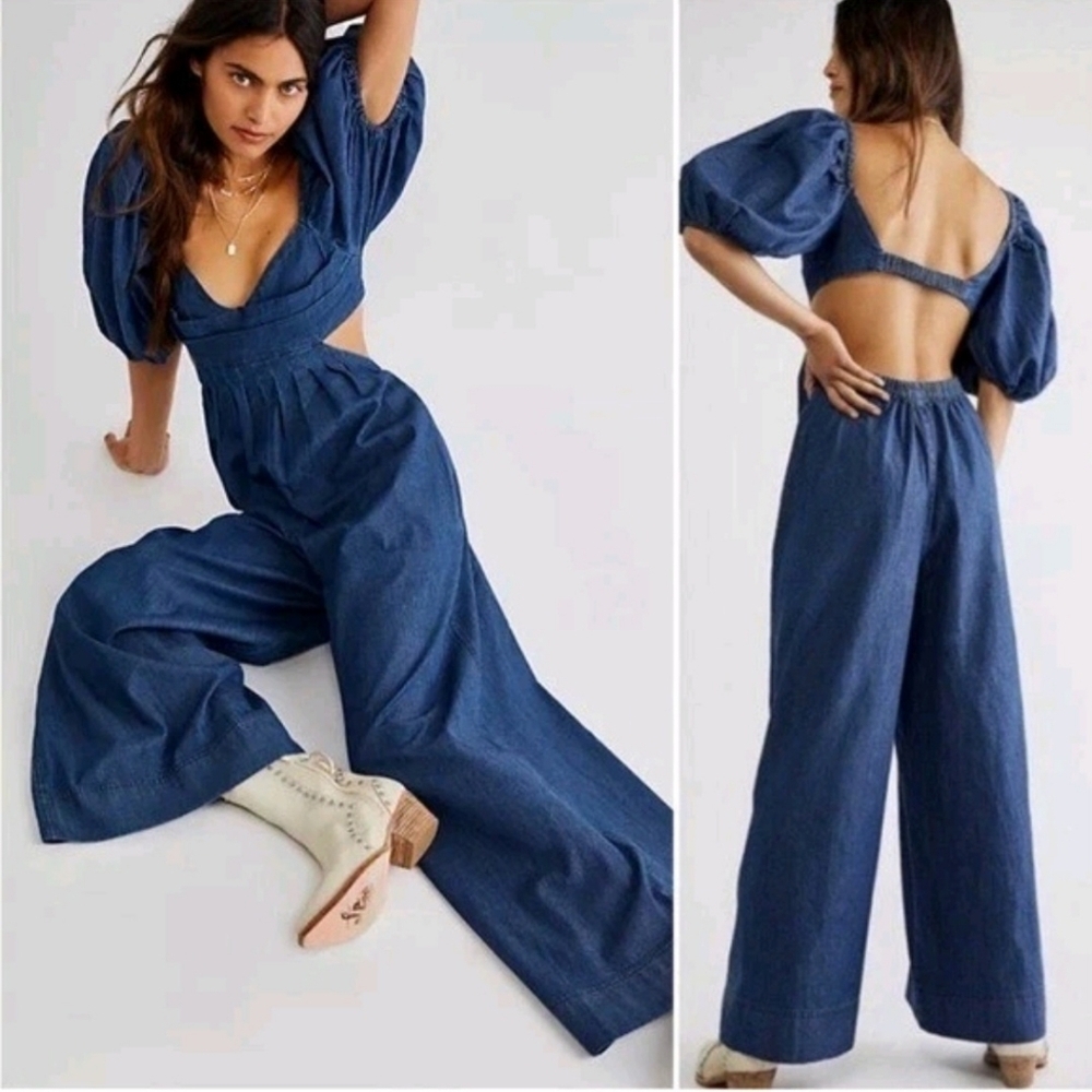 Free People Denim Jumpsuit Sz S Wide Leg Puff Sleeve Cut Out Back 100% Cotton